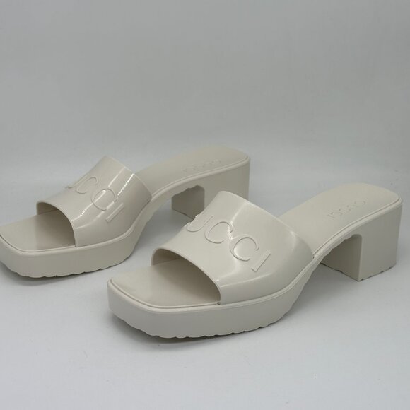 Gucci Double GG Logo Rubber Platform Block Heel Mules Slides Sandals Shoes - Picture 11 of 16